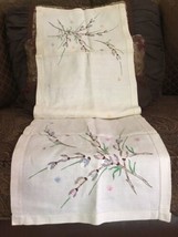 Vintage Embroidered Floral Linen Table Runner Dresser Scarf Doily 13,5X37,5” - £9.89 GBP