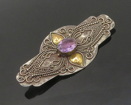 925 Silver &amp; 18K GOLD - Vintage Antique Amethyst Two Tone Brooch Pin - BP7094 - £49.74 GBP