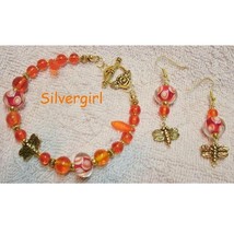 Orange Gold Plated Dragonfly Glass Beaded Bracelet and Earring Set - £13.36 GBP