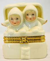 Two Snow Angels In Present - Trinket Box - Baum Bros Formalities Porcelain Gold - £12.34 GBP