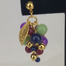 Vintage Grape Berry Cluster Earrings Multi Color Beads Gold Tone Leafs G... - $9.49