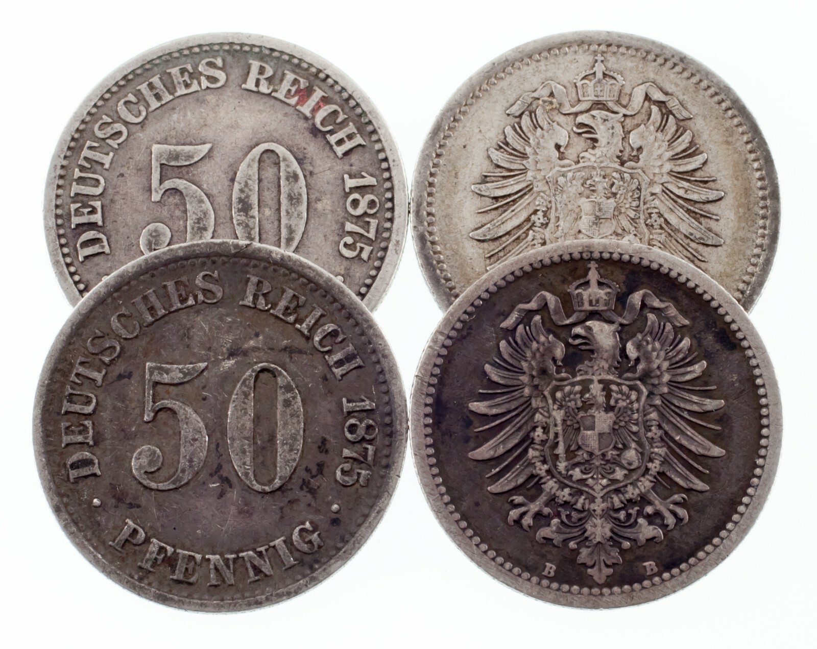 1875-1876 Allemagne 50 Pfennigs Pièce de Monnaie plein De 4 ( Vf-Xf ) Km #6 - $55.09