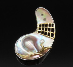 925 Silver - Vintage Two Tone Modernist MOP &amp; Cultured Pearl Brooch Pin ... - £74.24 GBP