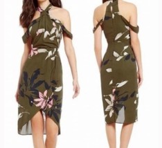 H by Halston Draped Halter Dress in Olive Floral 10 - £29.03 GBP