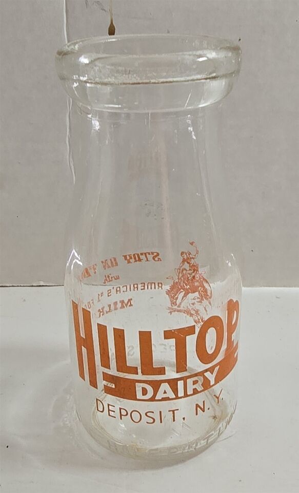 Primary image for Vtg Hilltop Dairy Deposit NY 1/2 Pint Glass Milk Bottle with Cardboard "Cap"