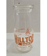 Vtg Hilltop Dairy Deposit NY 1/2 Pint Glass Milk Bottle with Cardboard &quot;... - £14.71 GBP