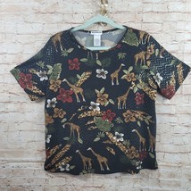 Bon Worth Womens Blouse Medium Black Petite Short Sleeve Sequined Giraffe Print - $11.00