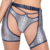 Snake Print Short Chaps Metallic Belted Parachute Buckle High Waist Silver 6319 - £27.47 GBP