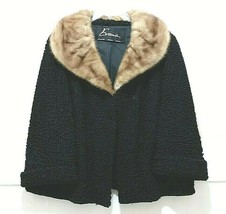 Black Genuine Persian Lamb Fur Coat Blonde Mink Collar Cropped Swing Box Pockets - £278.40 GBP