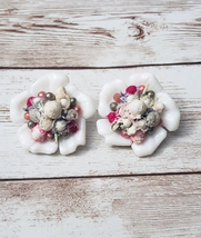 Vintage Clip On Earrings - Unusual White &amp; Multi Colored 3D Flower Statement - £11.98 GBP