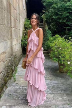 A Line Straps Tiered Chiffon Floor Length Long Prom Dress Pink Formal Evening Dr - £127.09 GBP