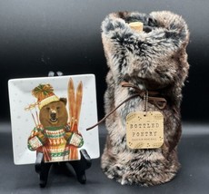 PORCELAIN SQUARE PLATE JEAN-CLAUDE SKIING BEAR &amp; BOTTLED POETRY FAUX FUR... - $22.16