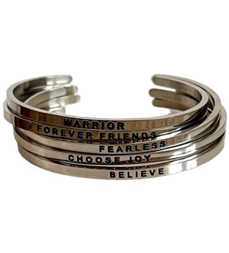 Mantraband Stainless Steel Cuff Bracelet Set 5 Piece Fearless Choose Joy Believe - £30.37 GBP