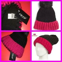 Women&#39;s Kyi Kyi Canada Handmade Two Tone Black Red Faux Fur Pom Ski B EAN Ie Hat - £15.81 GBP