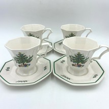 Nikko Christmastime 4 Footed Cups 4 Saucers Set Christmas Tree Octagon GS2 - £23.55 GBP