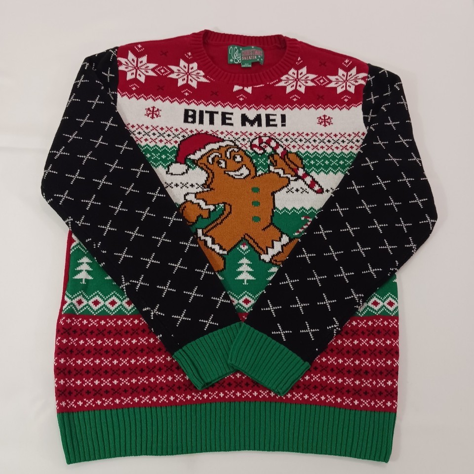 Ugly Christmas Sweater Men's Size Large Bite Me Gingerbread Man Red Pullover Item image 14