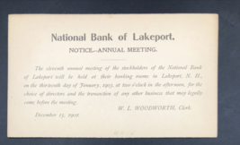 1902 National Bank of Lakeport Annual Meeting Notice US Postal Card Post... - £11.18 GBP