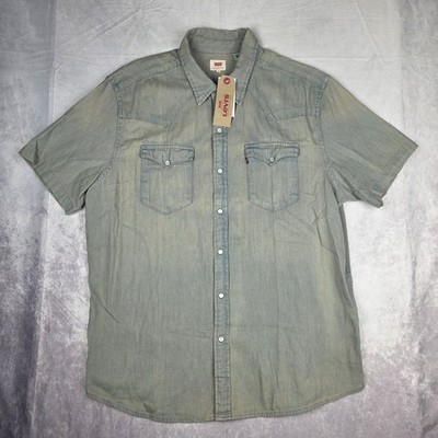 New Levis Shirt Mens XL Blue Stone Classic Western Denim Pearl Snap Shor... - $44.54