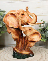 Safari Wildlife Elephant Father And Calf With Trunk Up Bust Faux Wood Figurine - £23.97 GBP