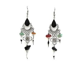 Teardrop Stone Cabochon Multicolored Chip Stone Long Metal Flower Dangle Earring - £14.02 GBP