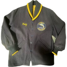 Vintage Harbor Sportsmen Sport Fishing Letterman&#39;s Jacket Navy Blue Wool... - $93.50