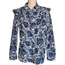 Charter Club Medium Top Floral Long Sleeve Button-Up Ruffled Collared Blue White - £23.46 GBP