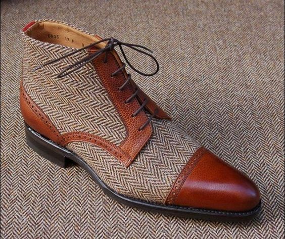 Cognac Tweed Handmade Ankle Boots for men custom leather shoe for men