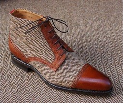 Cognac Tweed Handmade Ankle Boots for men custom leather shoe for men - £115.09 GBP