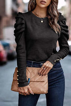 Black Buttoned Puff Long Sleeve Sheath Top - £18.37 GBP