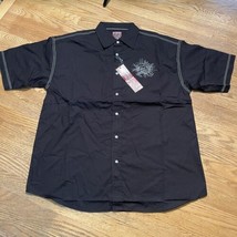 NWT Y2K Style Sz XL Koman Black Short Sleeve Button Shirt Skull Embroidery - $27.00