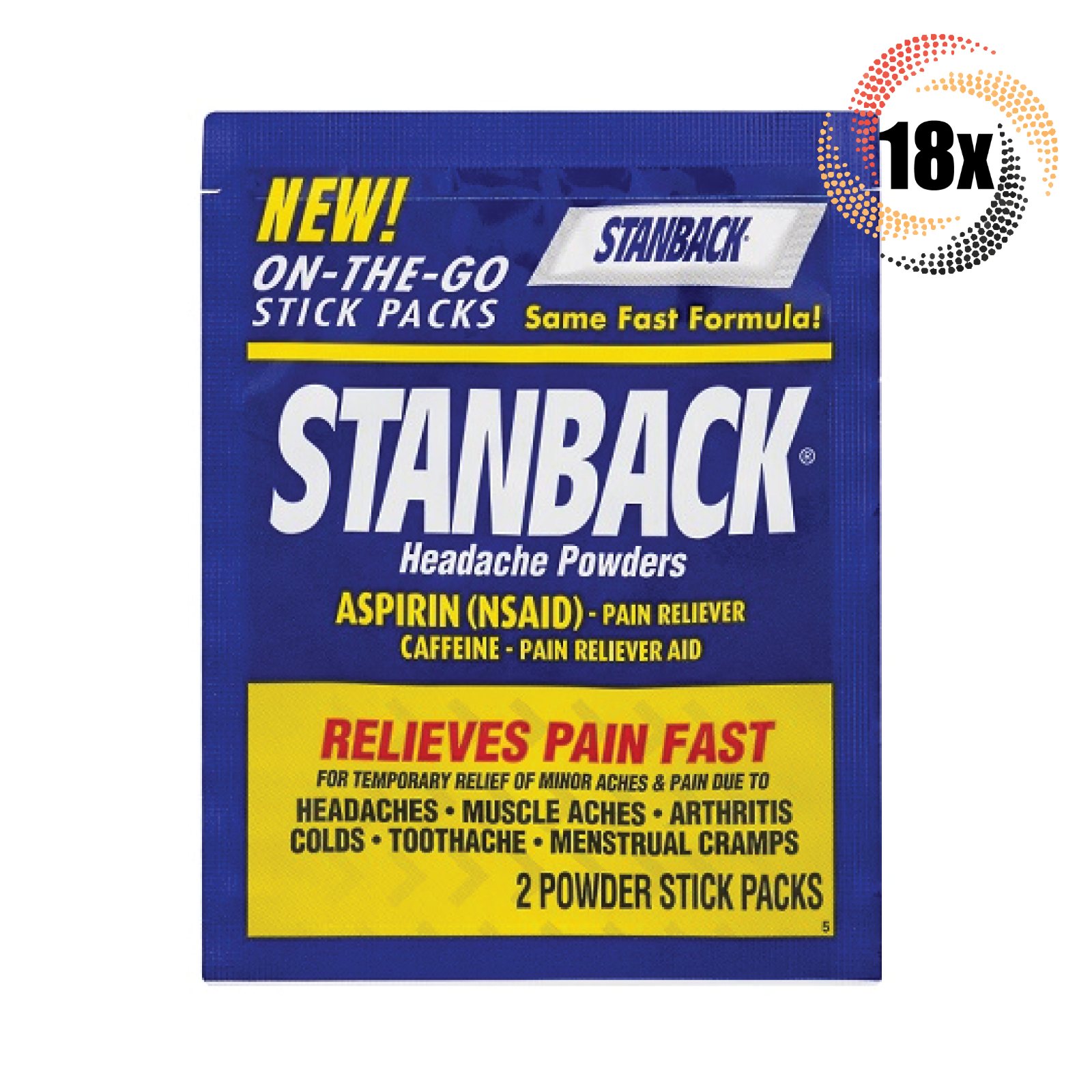 18x Packs Stanback On The Go Headache Powders  ( 2 Sticks Per Pack ) Pai... - $18.72