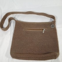 Vintage THE SAK Crochet Knit Handbag Purse Light Brown Shoulder Bag Zip ... - $11.88