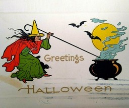 Halloween Postcard Witch Brewing Caldron Potion 1912 Detroit Vintage Fantasy - £47.29 GBP