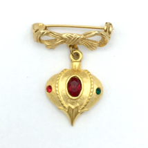 DALE Christmas ornament brooch - textured gold-tone red green rhinestone dangle - £14.15 GBP