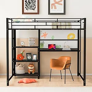 Full Size Loft Bed With Desk, Whiteboard And 3 Shelves Storage, Metal Hi... - $548.99
