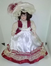 Gorham Vintage Porcelain Victorian Doll With Red And White Dress With Hat - £11.28 GBP