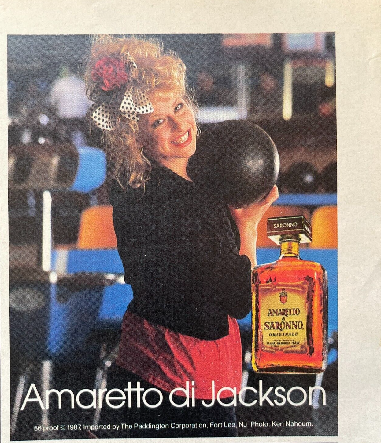 1987 Soronno Amaretto di Jackson Vintage Print Ad Blonde Bowling 80's Fashion - $12.55