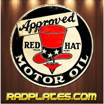 Vintage style Round Man Cave Garage Red Hat Motor Oil Aluminum Metal Sig... - $19.77