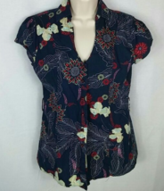 Charlotte Russe button front cotton blouse L large blue red floral leaves Women - $8.90