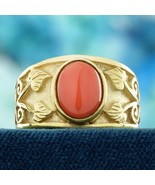 14K Yellow Gold Natural Coral Bezel Vintage Style Leaf Motif Ring - $1,700.00
