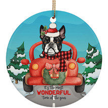 Cute Boston Terrier Dog Riding Red Truck Ornament Christmas Gift For Puppy Lover - £13.19 GBP