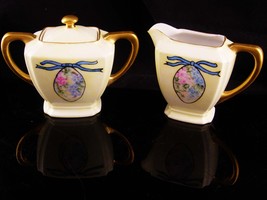 Vintage French Creamer sugar set - china pitcher / off white / Blue Bow - Gold h - £66.70 GBP