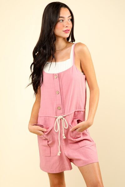 VERY J Half Button Drawstring Sleeveless Romper - $36.63