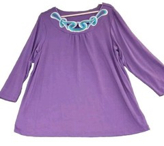 Bob Mackie Knit Blouse Tunic Size XL Purple Embroidered Neckline Wearable Art - £15.69 GBP