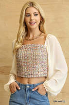 Tweed Bodice And Chiffon Square Top With Back Zipper - £31.07 GBP
