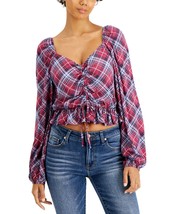 Just Polly Juniors Plaid Ruched-Front Top,Red Plaid,Large - $27.72