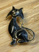 Vintage Black Enamel Gold Tone Kitty Cat Brooch Pin Estate Jewelry Find KG JD - £11.87 GBP