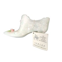 Fenton Art Glass Historical Collection Iridescent White Glass Shoe with Pink Ros - $28.05