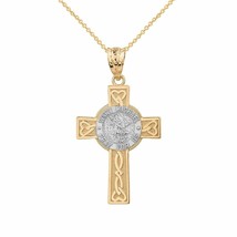 14k Two Tone Gold St. Michael Pray For Us Celtic Heart Cross Pendant Necklace - £173.50 GBP+