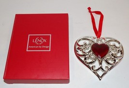 LOVELY LENOX SILVERPLATE BEJEWELED HEART RED GEM CHRISTMAS ORNAMENT IN BOX - £14.99 GBP